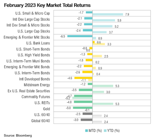 February 2023 market returns bar chart by Bloomberg.