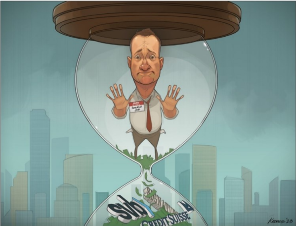 Man trapped in hourglass with banking brands.