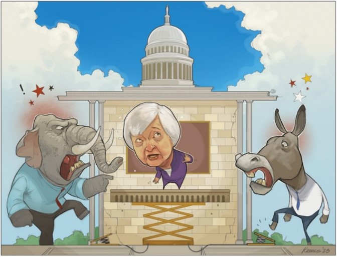 Political cartoon with elephant, donkey, and politician.