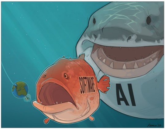 AI shark eats software fish in ocean scene.