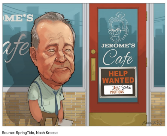 Cartoon of man outside Jerome's Cafe with help wanted sign.