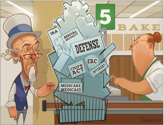 Cartoon of shopping cart with government budget items.
