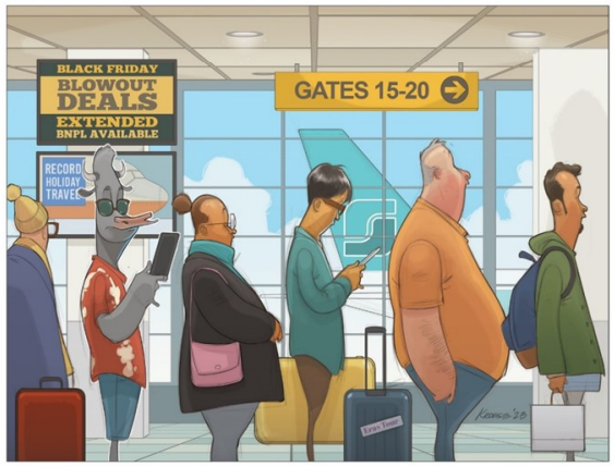 Travelers in line at airport, Black Friday deals sign.