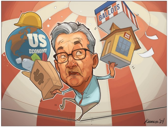Cartoon man balancing US economy, ballots, and housing.