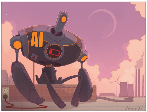 Futuristic AI robot in industrial landscape