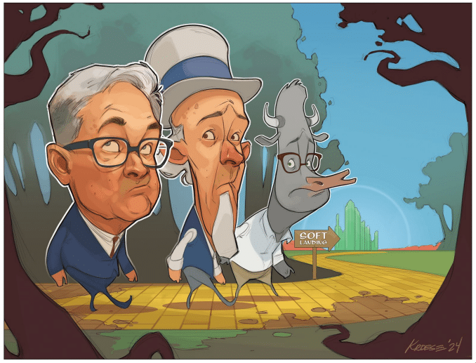 Caricature of officials on yellow brick road.