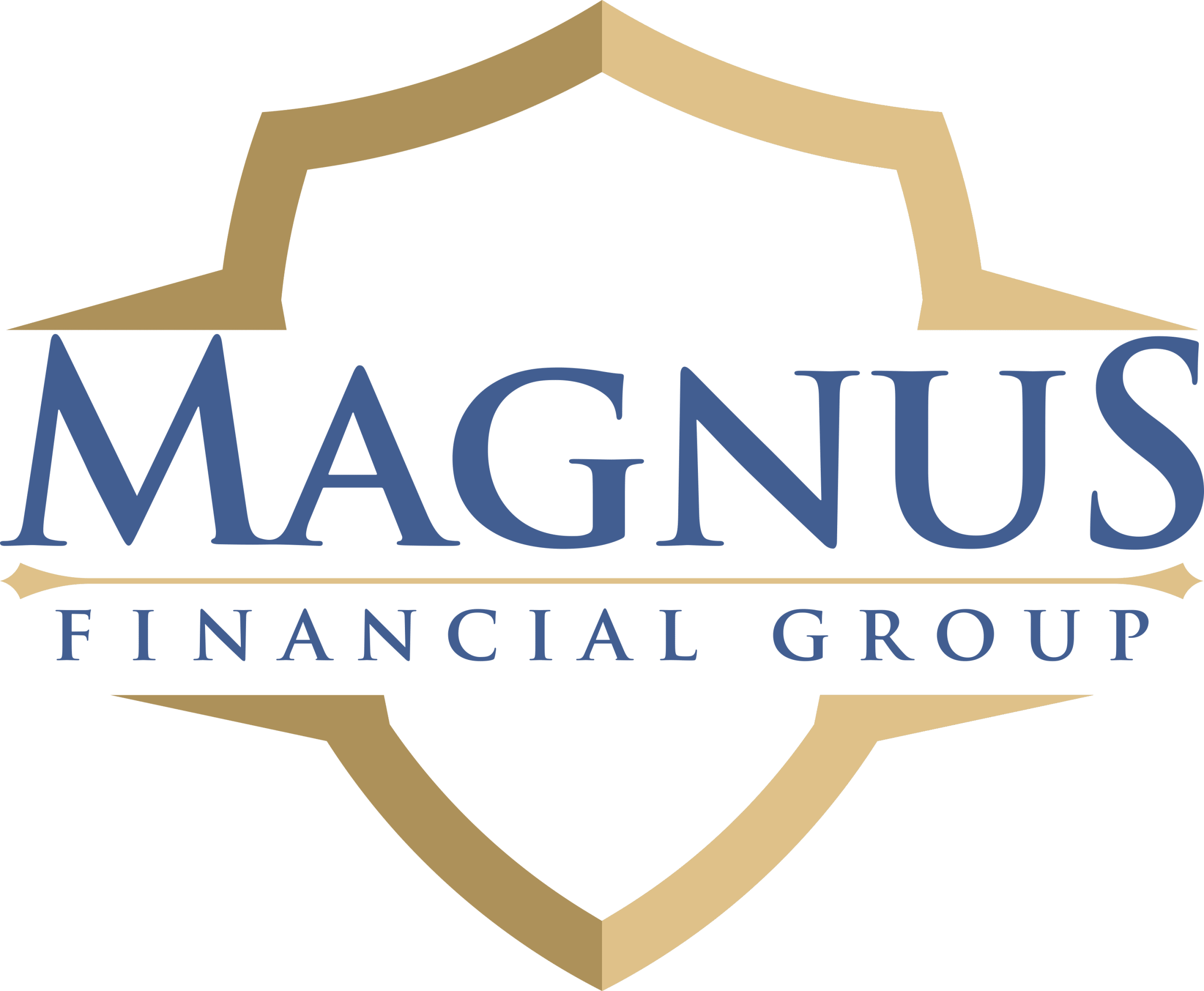 Shield and text logo of Magnus Financial Group, featuring blue and gold design elements.
