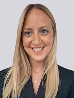 Smiling woman with long blonde hair in a black blazer on a soft gray background.