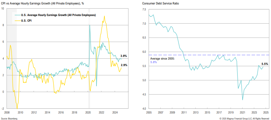 CPI, earnings growth, debt ratio graphs, 2008-2025 data.