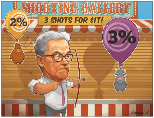 Cartoon of man aiming bow in shooting gallery.